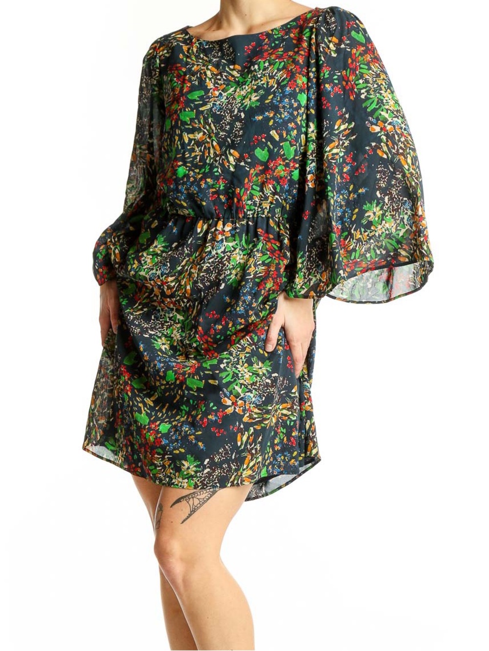 Alice + Olivia Dress Silk Floral Print Flare Bell Sleeve Mini Boatneck Small